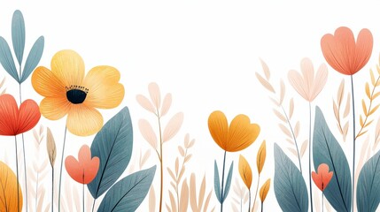 Vibrant Floral Illustration with Colorful Flowers and Leaves on a Soft White Background for Creative Projects