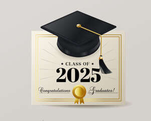 Graduation cap and diploma certificate design for class of 2025 with celebratory elements and elegant color scheme. Class of 2025 vector illustration design template. Congratulations graduates design.