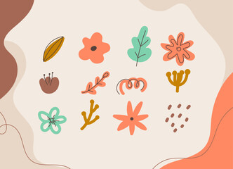 Obraz premium Vector cartoon illustration of colorful floral elements and leaves on a soft background, perfect for nature-themed designs, banners, and stationery. Cute hand drawn design element set.