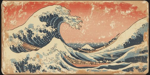 Classic japanese wave art with boats and mount fuji on a weathered red background