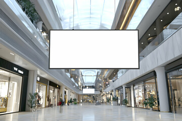 A fully blank floating digital banner mockup suspended from a high ceiling in a luxury shopping mall.