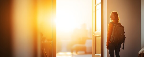 A smiling person standing near an open doorway with a backpack