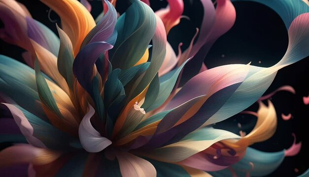 Close-up animation of a light colored colorful abstract flower rotation and developing animation  - infinite seamless looping animation on a dark background