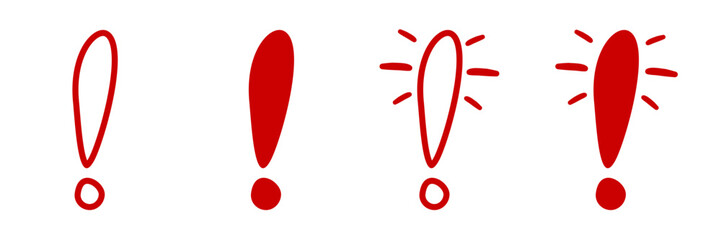 A series of four red exclamation marks, each in a unique artistic style, conveying emphasis and attention.