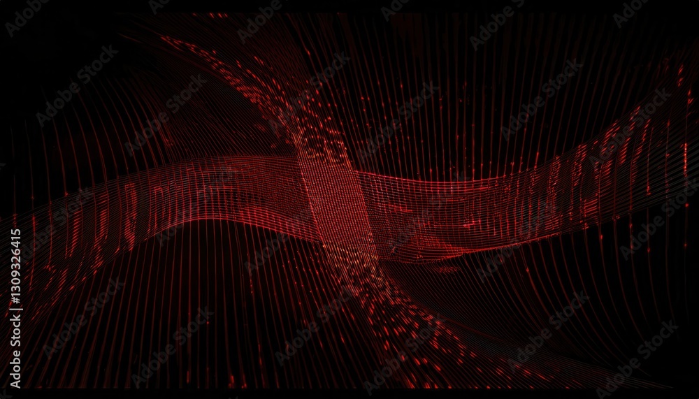 Poster long exposure abstract red light trail pattern with glowing arcs and grid lines against dark background, ideal for technology or futuristic design concepts


