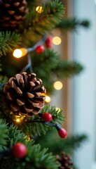 pinecone garland with berries and string lights, berry, decoration, light