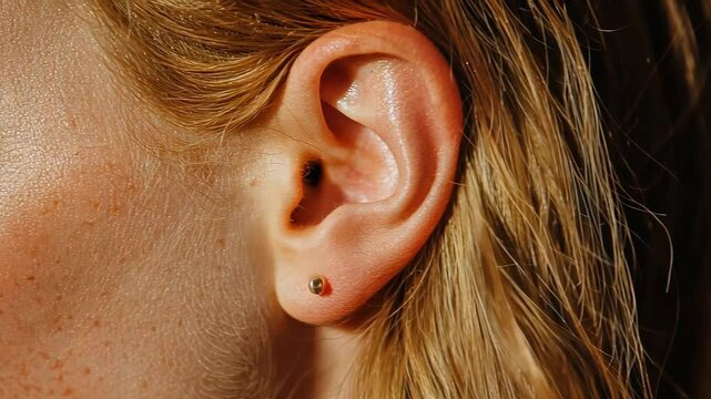 Close-up of a woman's ear with a small gold earring.  Natural light, soft focus.
