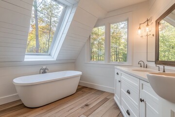 Rustic, bright, attic bathroom with soaking tub and double vanity