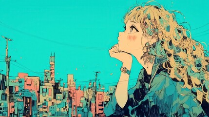 Retro Anime Reflections, vibrant city pop aesthetic, bold black outlines, simple colors, nostalgic diary entries, childhood emotions captured in ink, bittersweet memories cherished.