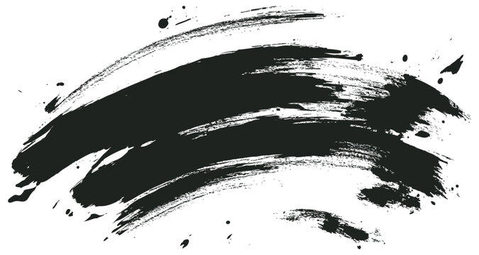 Vector illustration of a dynamic black brush stroke with splatter effect. The expressive ink mark shows movement and texture with varied opacity, creating an artistic grunge element 