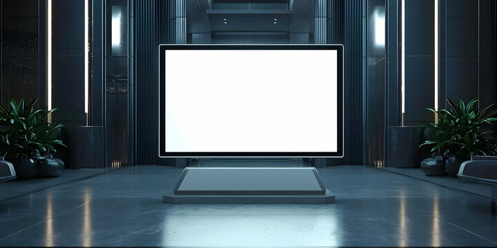 A blank LED screen mockup placed on a freestanding base in a sleek stadium entryway.