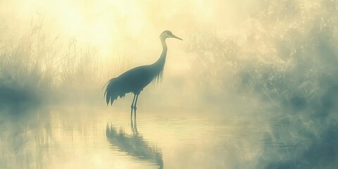 Fototapeta premium Graceful crane standing in a misty wetland, elegant reflection with dreamy blur