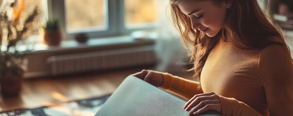 A young woman is unrolling a yoga mat indoors