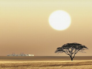 Fototapeta premium A minimalist factory silhouette against a bright sunrise, symbolizing new beginnings and innovation in the industrial landscape.