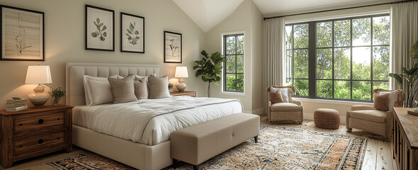 Spacious modern bedroom with large windows and natural light, featuring comfortable bed, stylish decor, and greenery