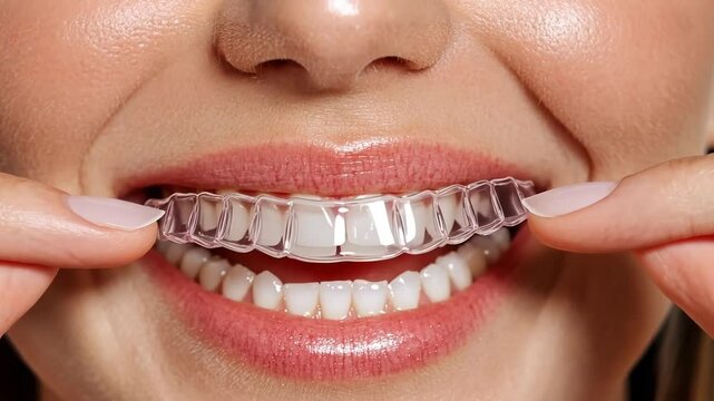 Close-up of a woman inserting a clear teeth aligner.  Perfect smile, dental health, orthodontics.