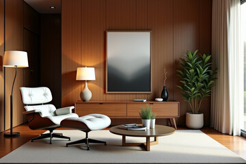 A stylish modern mid-century living room with warm tones and minimalist decor  .