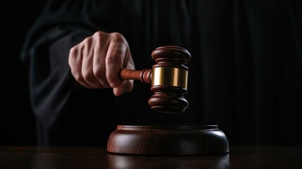 Judge's hand holding gavel above sound block.