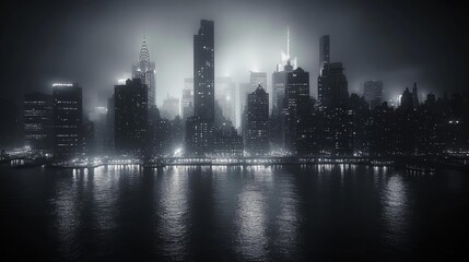 Obraz premium Monochrome Cityscape of New York with Fog and Light Beams. Generative AI