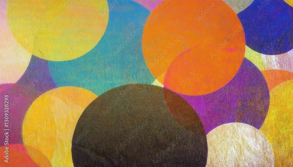 Aufkleber vibrant overlapping circles abstract art, colorful geometric pattern with textured canvas surface for modern design use
