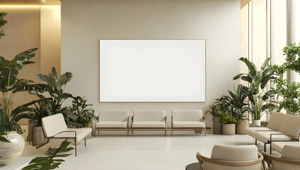A blank poster mockup displayed in the waiting area of a health-focused community center, with a clean and minimalist interior.