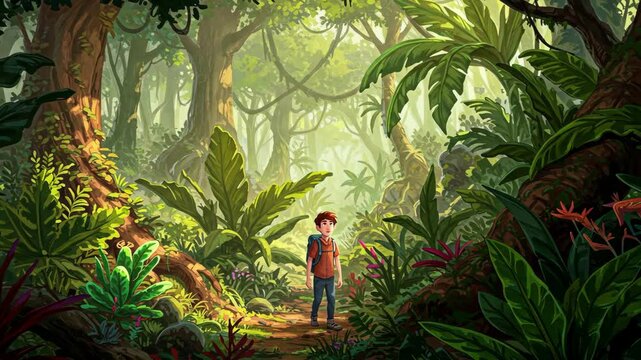 A young boy stands in a vibrant jungle, exploring nature's beauty