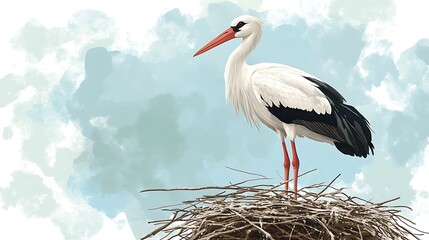Fototapeta premium White stork standing in nest against soft blue sky.