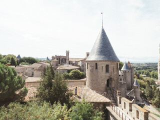 Castillo medieval con torre y murallas rodeado de vegetación