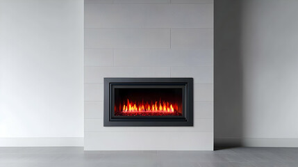 Modern Electric Fireplace With Red Flames Installed on Gray Stone Wall in a White Room