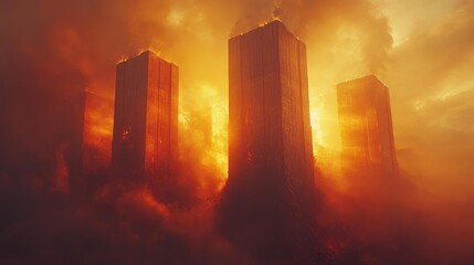 Surreal Urban Landscape with Fiery Skyscrapers Amongst Clouds. Generative AI