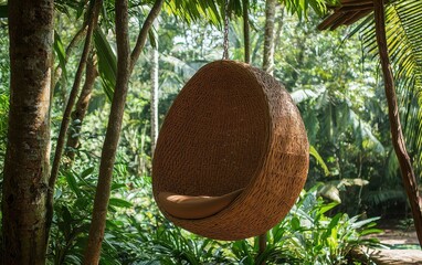 Hanging egg chair suspended from a tree in a tropical jungle