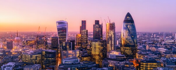 A stunning panoramic view of a modern urban skyline at dusk