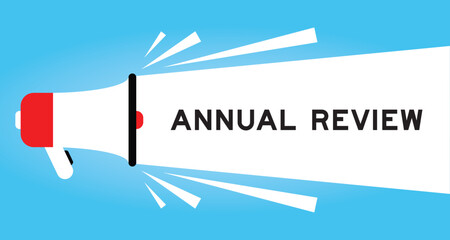 Color megaphone icon with word annual review in white banner on blue background