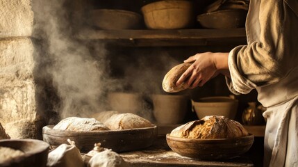 Baker pulling bread from oven.
