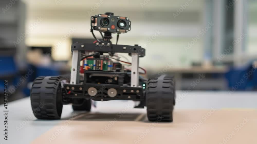 Fototapete Autonomous mobile robot navigating laboratory table, demonstrating advanced technological capabilities for research and innovation in robotics and artificial intelligence