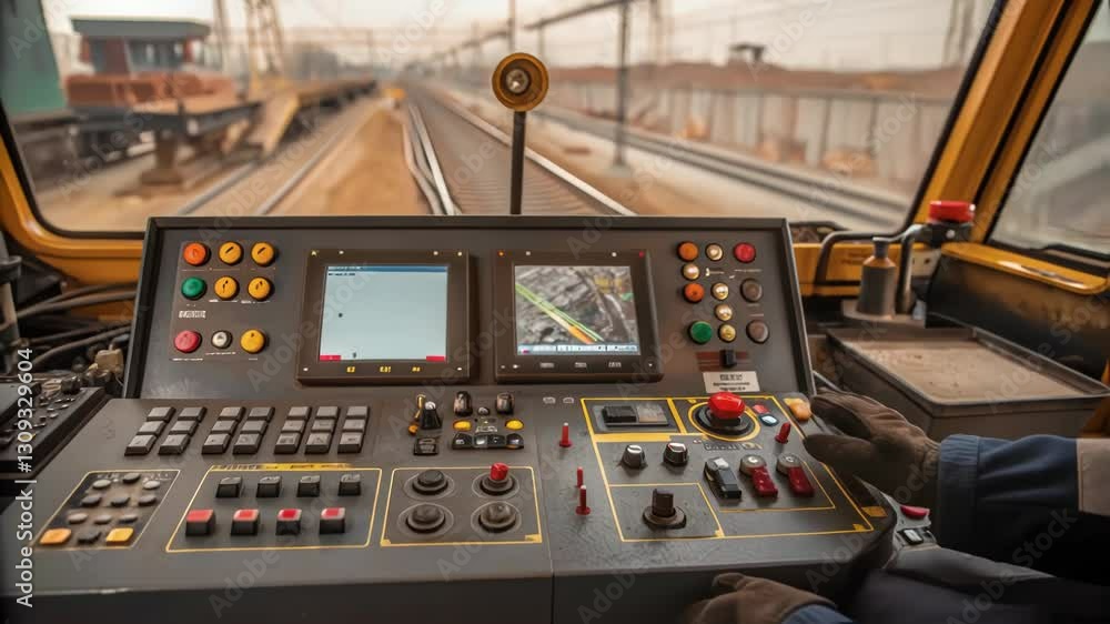 Poster train driver operates controls inside the cabin of a modern locomotive, navigating along the railway