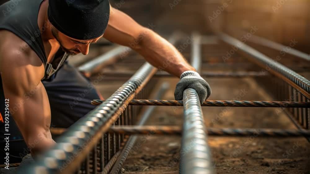 Poster Steel reinforcement process involving precise worker positioning of steel bars, creating strong structural foundation for concrete construction project at building site