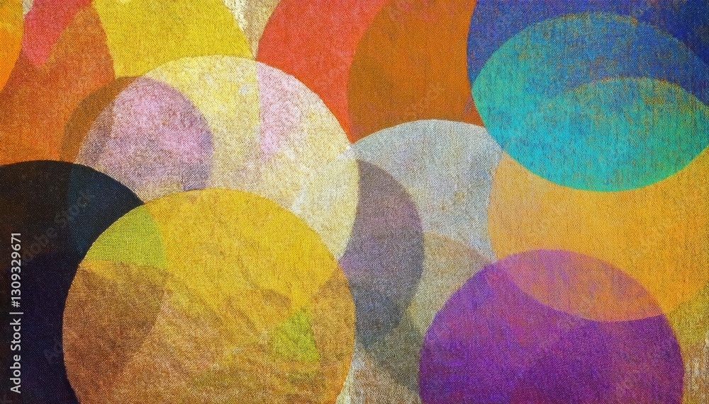 Aufkleber vibrant overlapping circles abstract art, colorful geometric pattern with textured canvas surface for modern design use