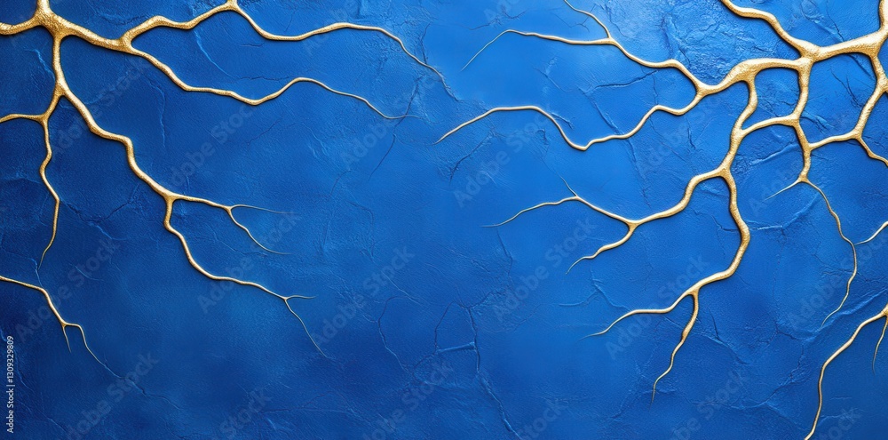 Poster an abstract design featuring golden, branching lines against a vibrant blue background, creating a s