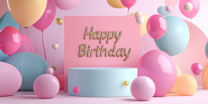 Happy Birthday 3d background minimalistic mockup with space for text in modern geometric shapes - Powered by Adobe