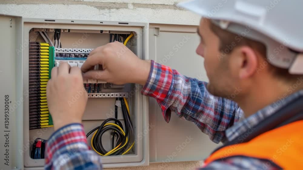 Poster professional electrician wearing safety helmet and high visibility vest installing and connecting el