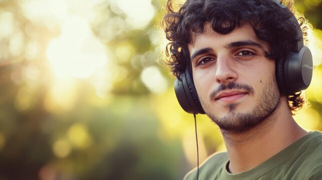 A young Brazilian man enjoying music outdoors.