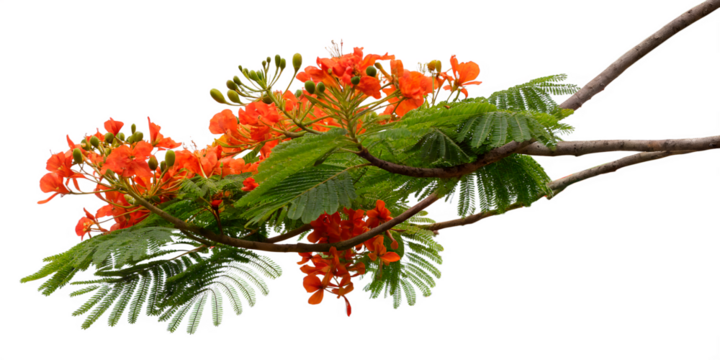 A branch with bright orange flowers and openwork leaves