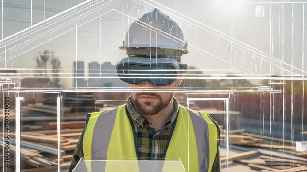 Aufkleber Innovative technology in construction allows engineer to visualize and interact with a 3d model of a house, improving planning and execution