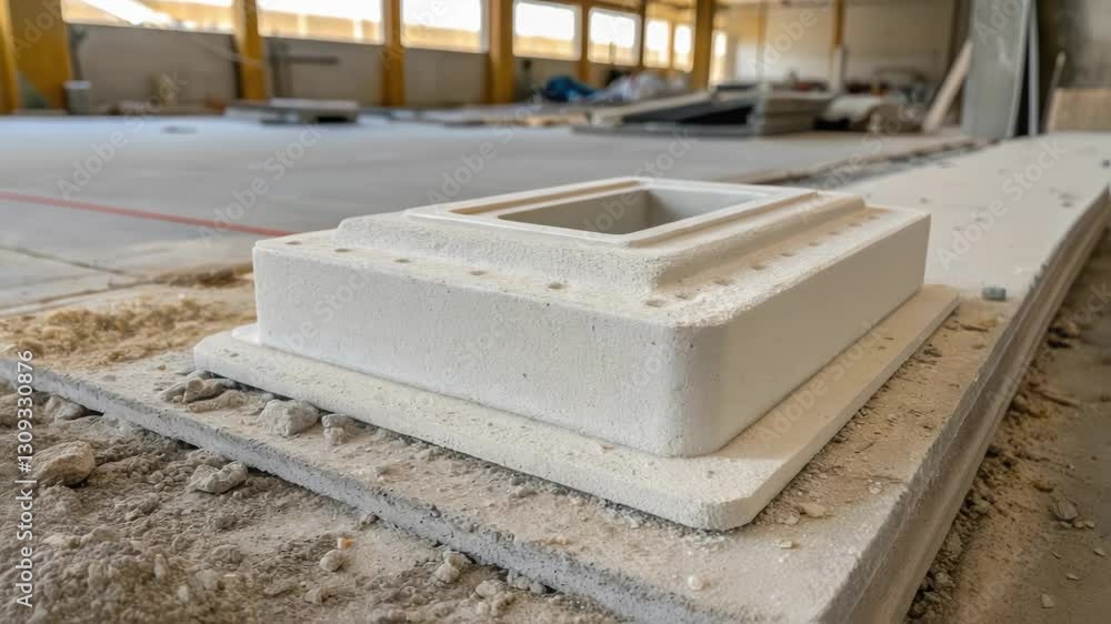 Poster white ceramic floor outlet boxes positioned on raised access floor panels during industrial building