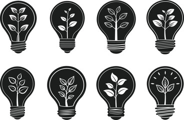 Set of Eco Lightbulb with Growing Plants – Sustainable Energy and Green Innovation Vector
