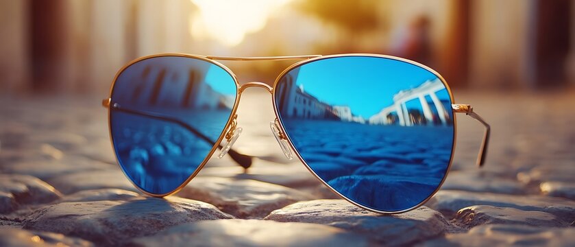 Aviator Sunglasses Reflecting Cityscape on Cobblestone