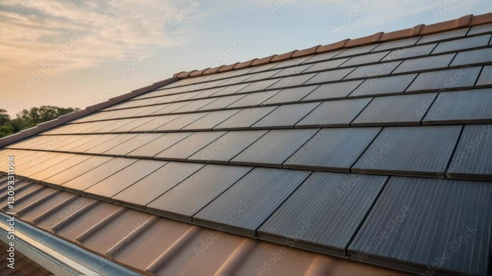 Poster solar roof tiles displaying gradual color transformation during sunset, revealing innovative photovo
