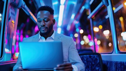 Young businessman using laptop while traveling by bus at night, illuminated by colorful city lights