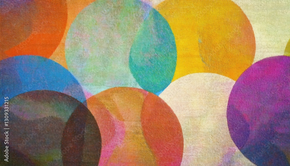 Aufkleber vibrant overlapping circles abstract art, colorful geometric pattern with textured canvas surface fo